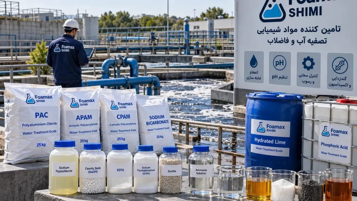 نمایی واقعی از مواد شیمیایی مورد استفاده در تصفیه آب و فاضلاب؛ با تمرکز بر تنوع محصولات فومکس شیمی و کاربرد آنها در انعقاد، تنظیم pH، کنترل رسوب و گندزدایی.